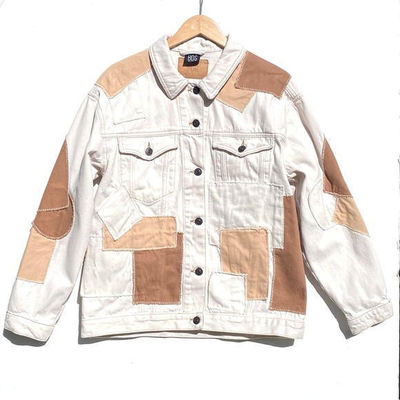 BDG Patchwork Denim Oversized Trucker Jacket Off White Tan. Size Medium. - Picture 13 of 13